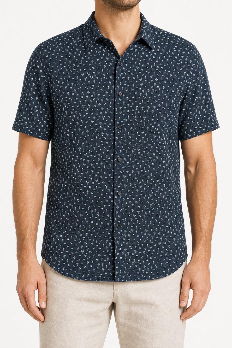 BOSS Men's Lukka Palm Print Stretch Linen Short Sleeve Shirt Blue Size L Preppy